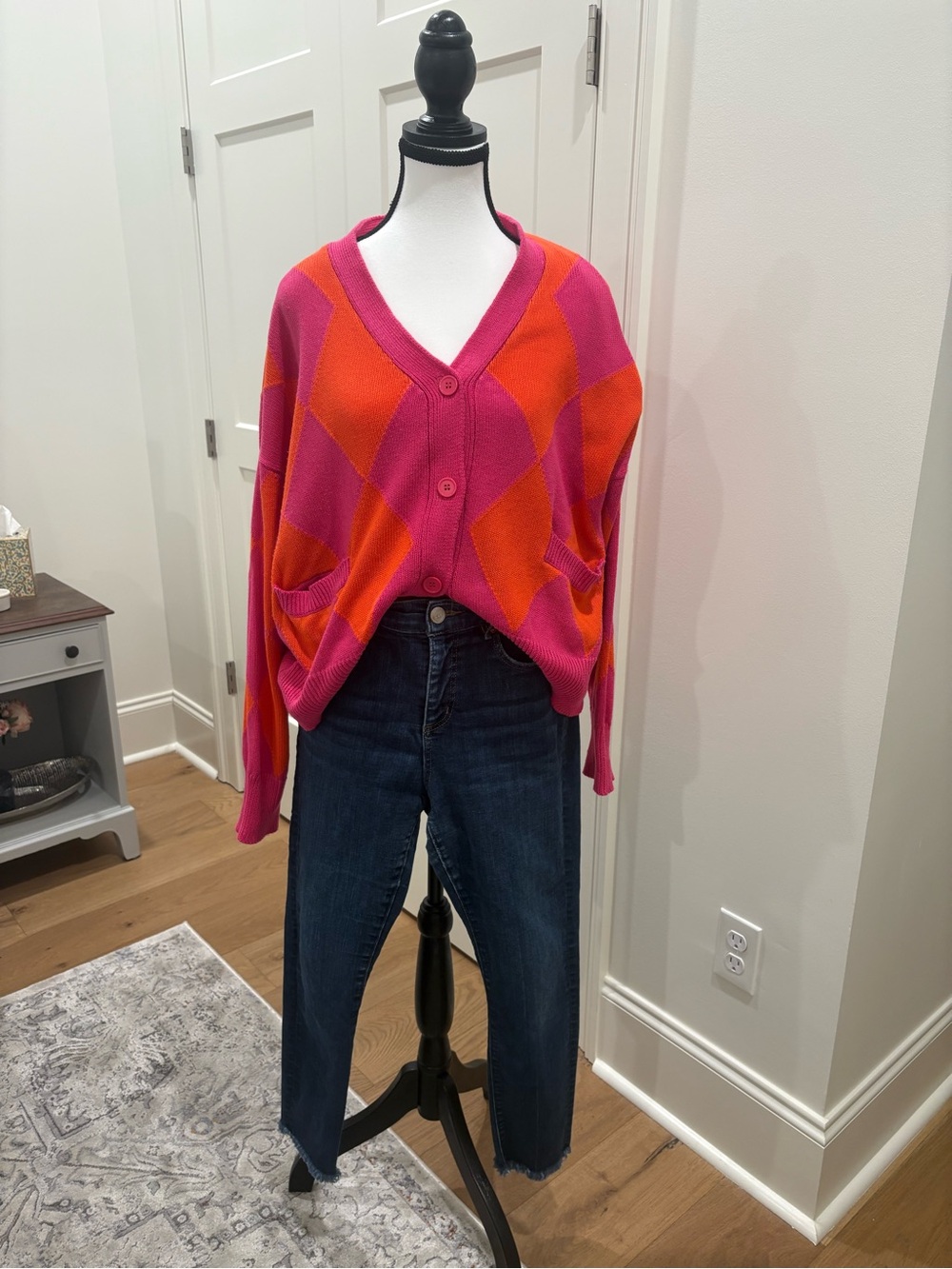Olivaceous Pink and Orange Argyle Button-Front Cardigan